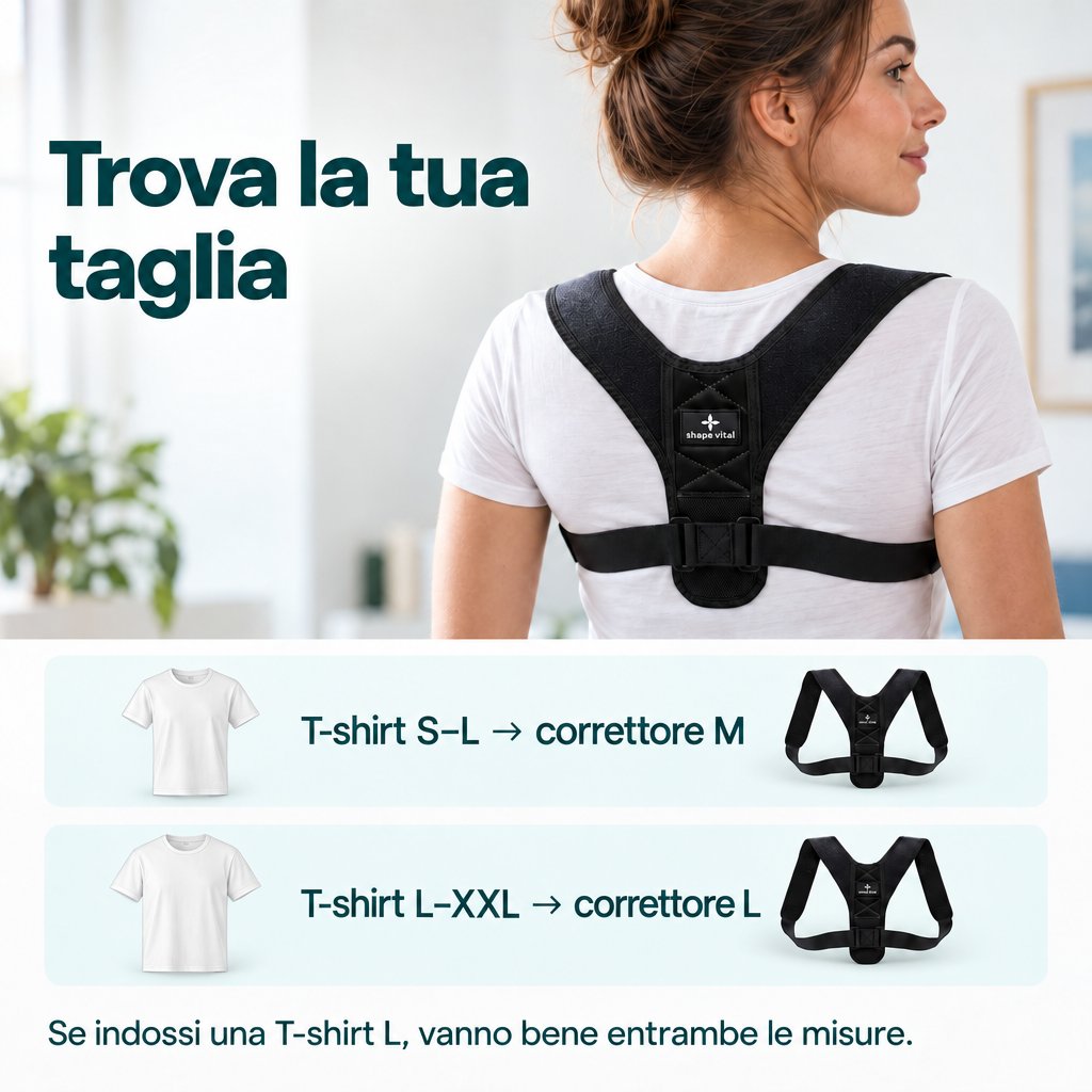 Donna con correttore posturale Vital-Pro e guida alle taglie: T-shirt S–L corrisponde al correttore M, L–XXL al correttore L. Per chi indossa la L, entrambe le misure vanno bene.
