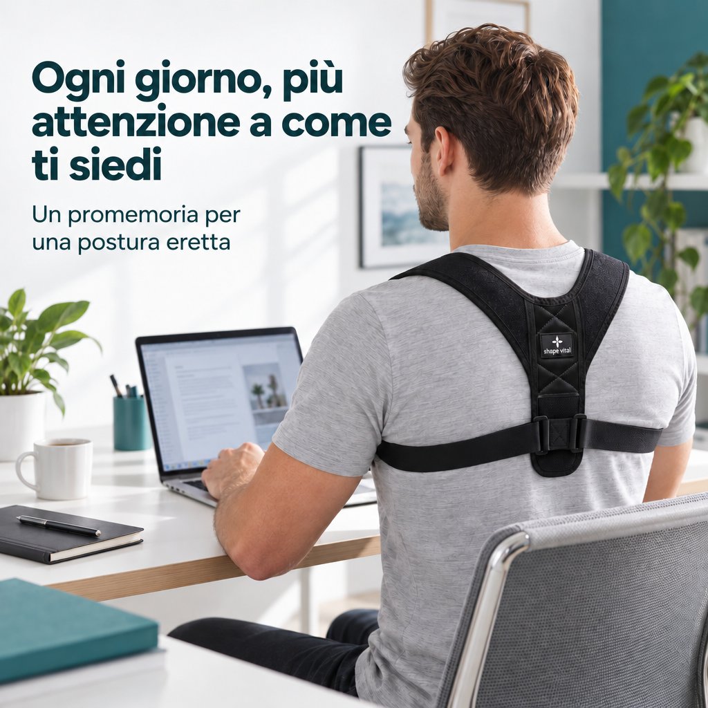 Vista da dietro di un uomo che indossa il correttore posturale nero Vital-Pro sopra una maglietta grigia mentre lavora al portatile.