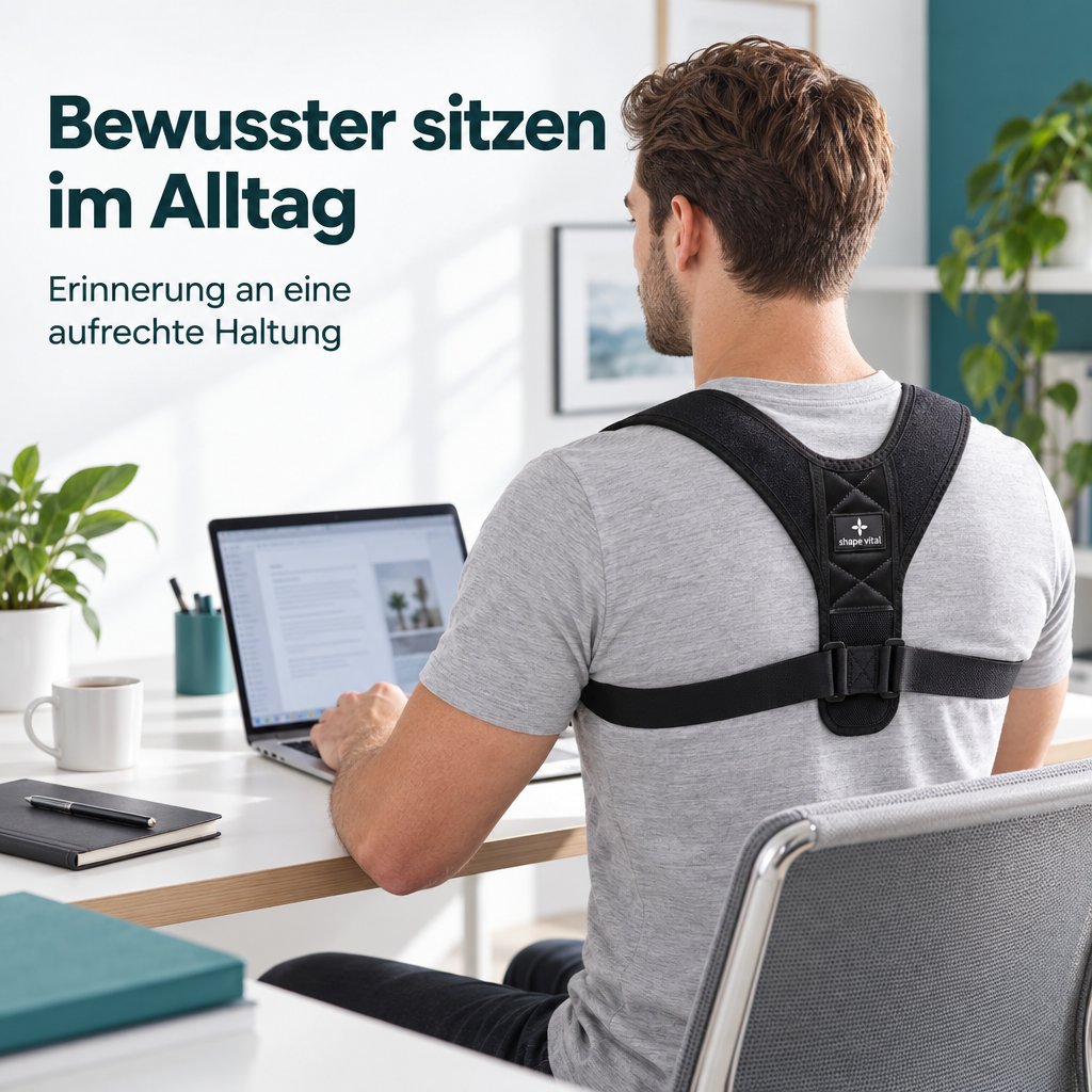 Rückansicht eines Mannes, der den schwarzen Haltungsgurt Vital-Pro über einem grauen T-Shirt trägt und am Laptop arbeitet.