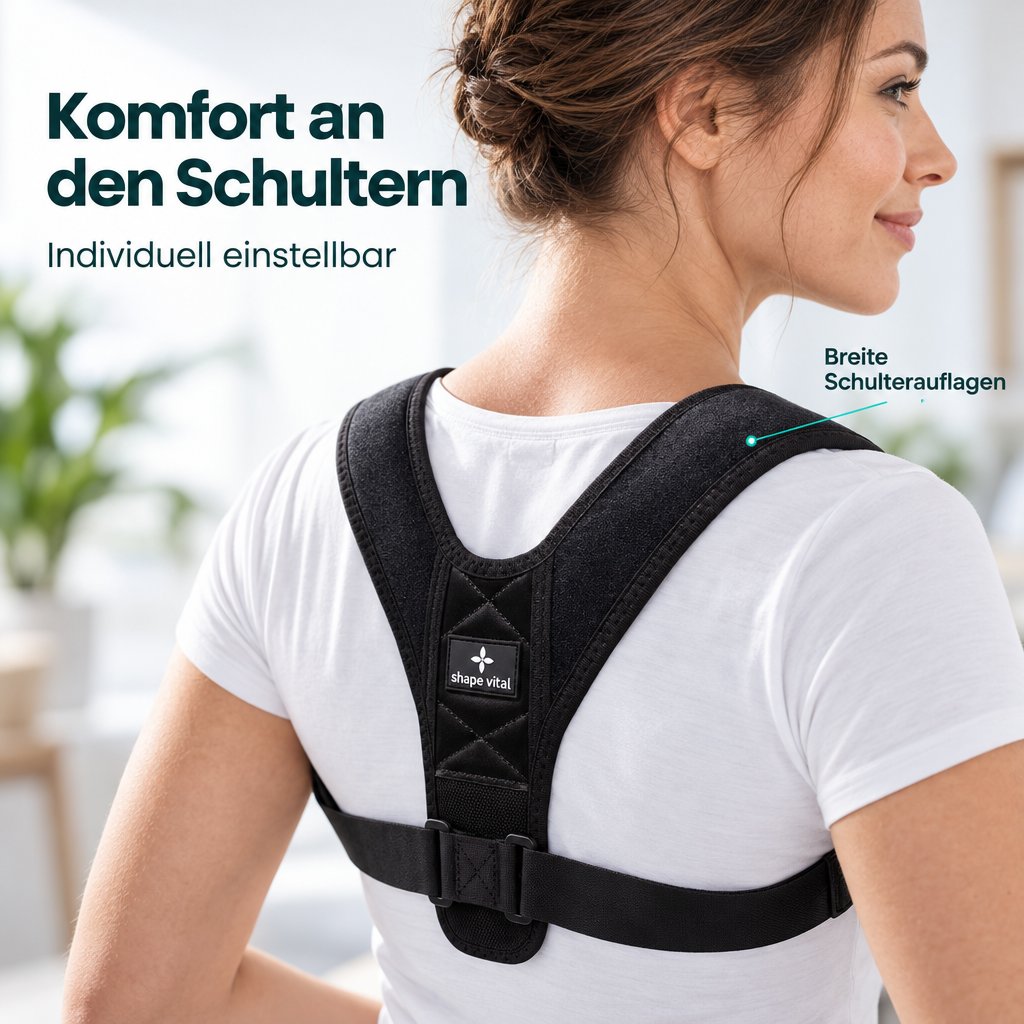 Nahansicht des schwarzen Haltungsgurts Vital-Pro auf dem Rücken einer Frau. Breite Schulterauflagen und der gepolsterte Rückensteg sind sichtbar.