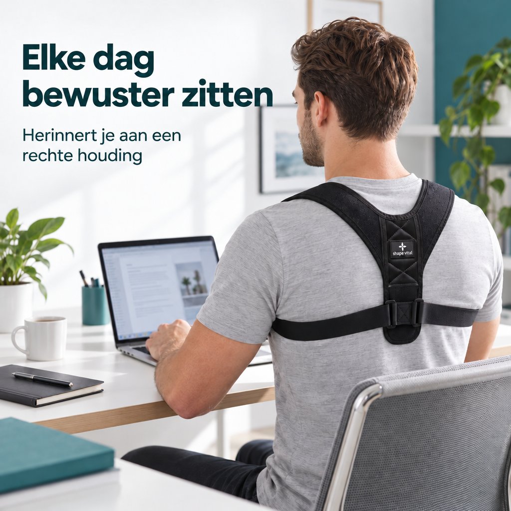Een man van achteren gezien, met de zwarte houdingscorrector Vital-Pro over een grijs T-shirt, werkend aan een laptop.