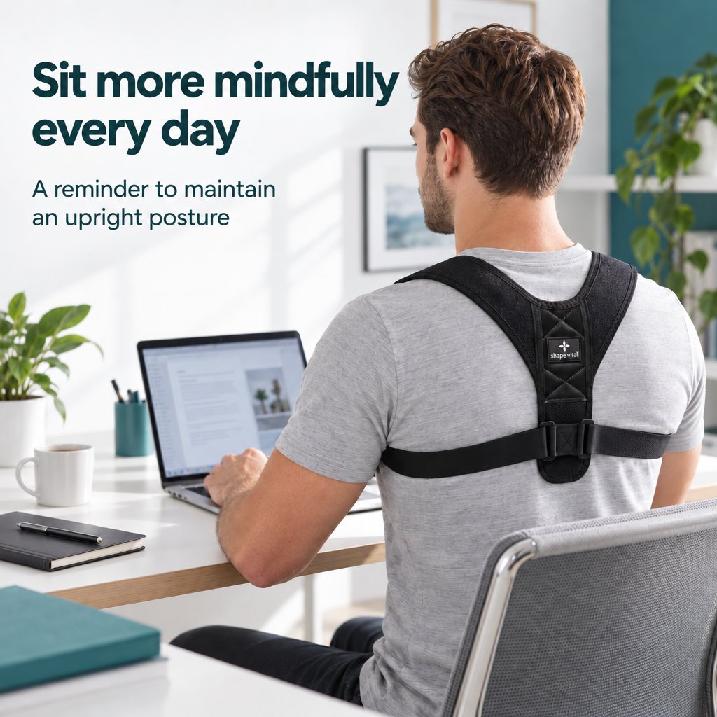 Rear view of a man wearing the black Vital-Pro posture brace over a gray T-shirt while working at a laptop.