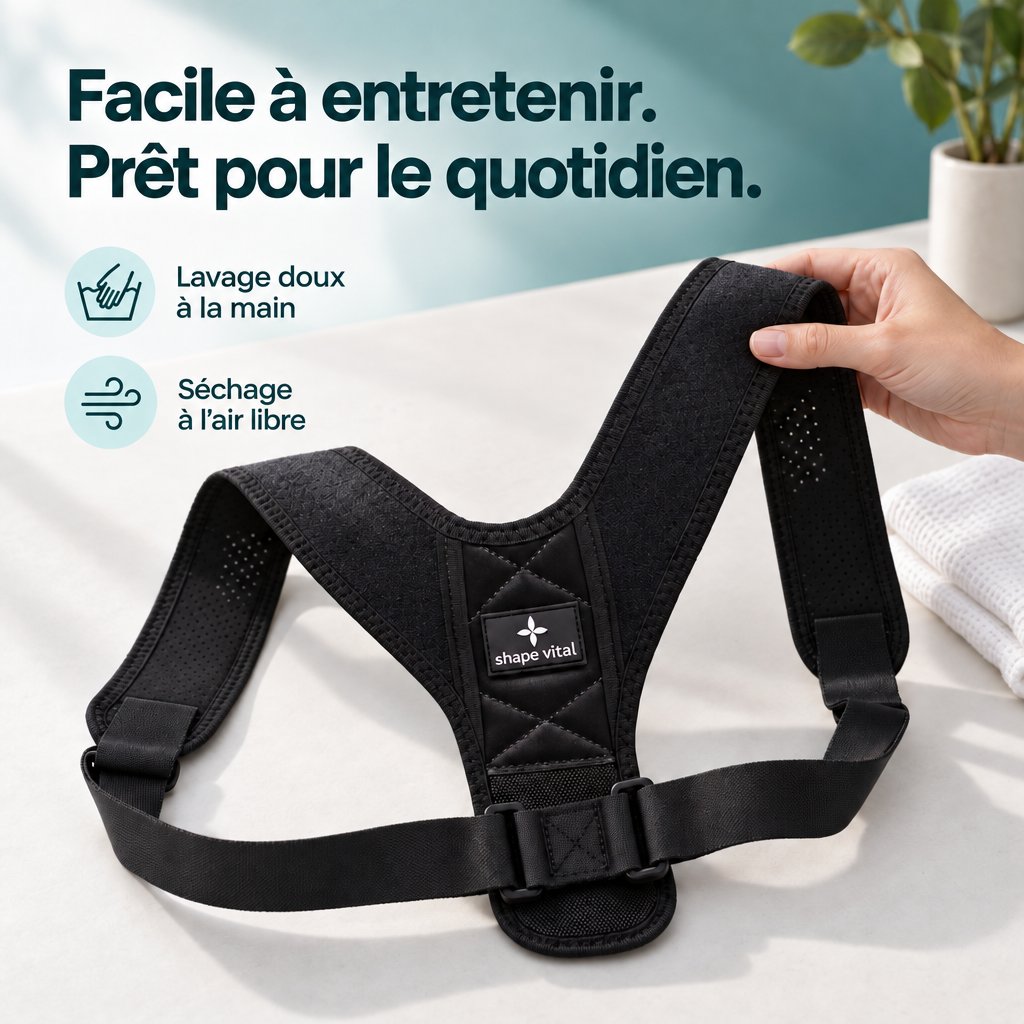 Une main tient le correcteur de posture noir Vital-Pro sur une surface claire. Des pictogrammes indiquent un lavage doux à la main et un séchage à l’air libre.