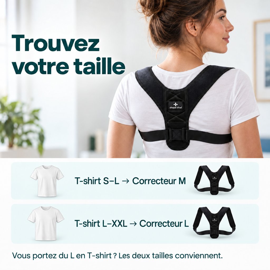 Femme portant le correcteur de posture Vital-Pro. Guide des tailles : T-shirt S–L → correcteur M ; T-shirt L–XXL → correcteur L. Pour un T-shirt L, les deux tailles conviennent.