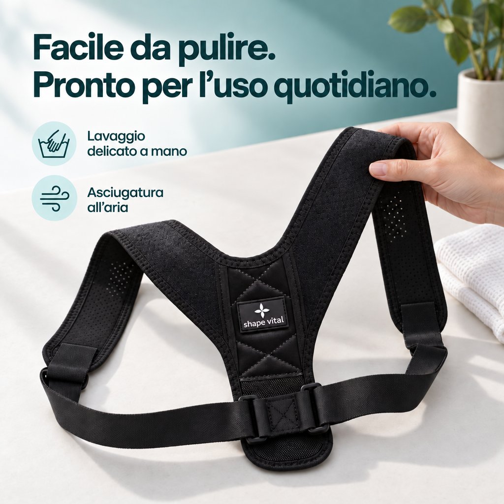 Una mano tiene il correttore posturale nero Vital-Pro su un piano chiaro. Due icone indicano il lavaggio delicato a mano e l’asciugatura all’aria.