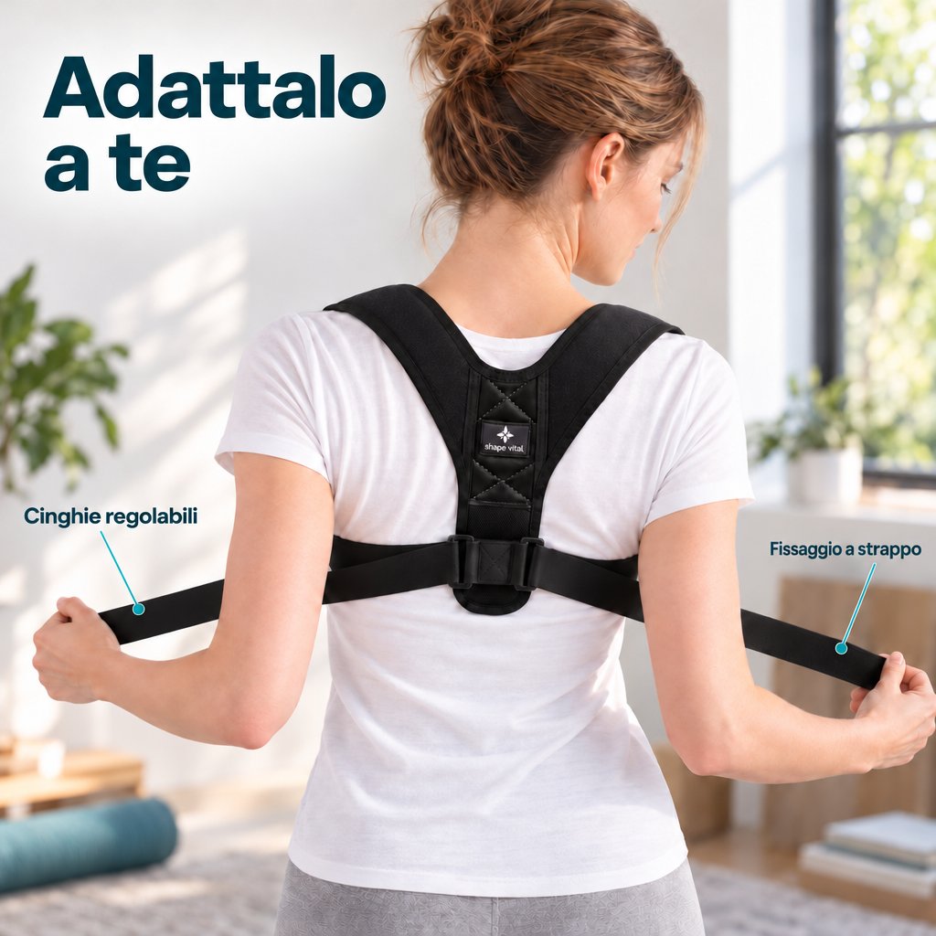 Donna di spalle che regola le cinghie del correttore posturale Vital-Pro, con fissaggio a strappo.
