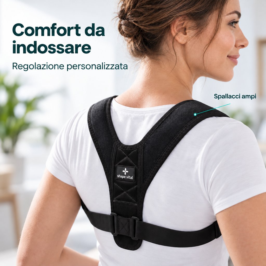 Primo piano del correttore posturale nero Vital-Pro indossato da una donna, visto da dietro. Sono visibili gli ampi spallacci e il supporto dorsale imbottito.