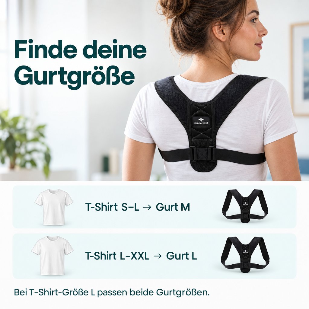 Größengrafik zum Haltungsgurt Vital-Pro: T-Shirt S–L entspricht Gurt M, L–XXL entspricht Gurt L. Bei T-Shirt-Größe L passen beide Gurtgrößen.