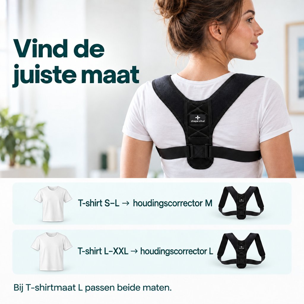 Een vrouw draagt de Vital-Pro-houdingscorrector. De maattabel geeft aan: T-shirt S–L komt overeen met maat M, L–XXL met maat L. Bij T-shirtmaat L passen beide maten.