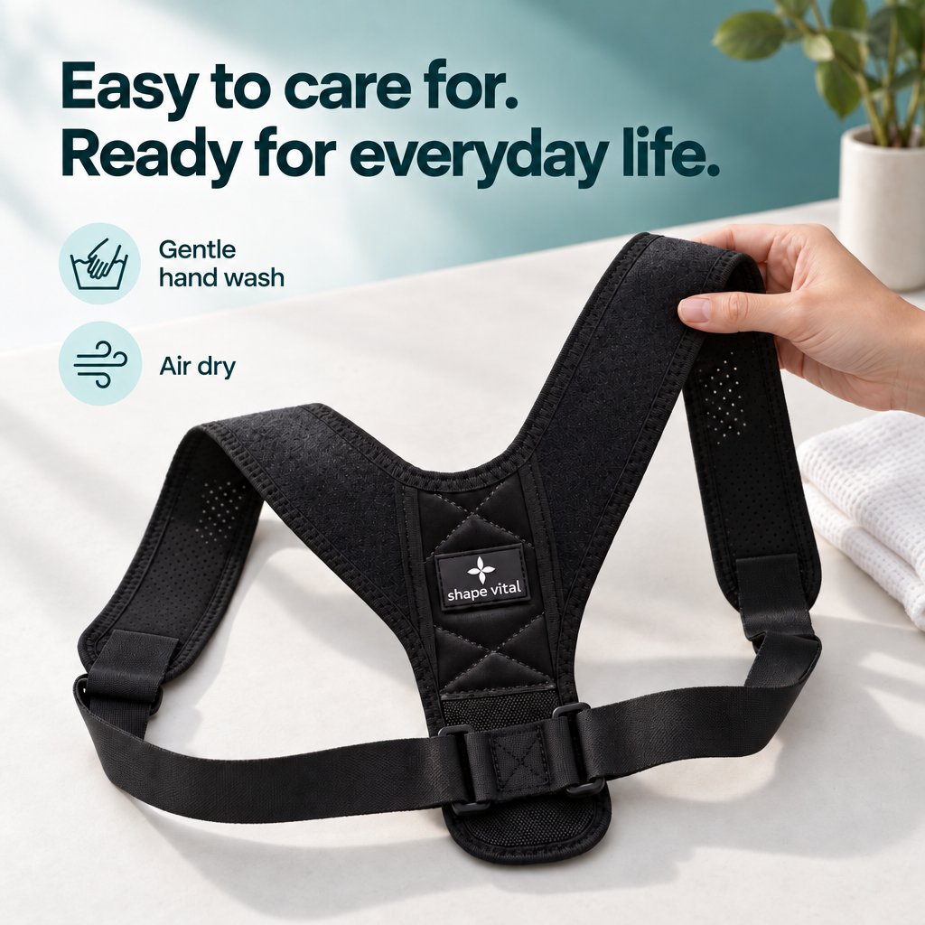 A hand holds the black Vital-Pro posture brace on a light-colored surface. Icons indicate gentle hand washing and air drying.