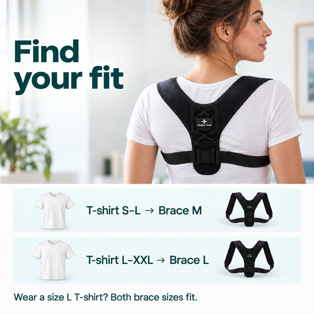 A woman wearing the Vital-Pro posture brace beside a size guide: T-shirt S–L corresponds to brace M, and L–XXL to brace L. Both brace sizes fit T-shirt size L.