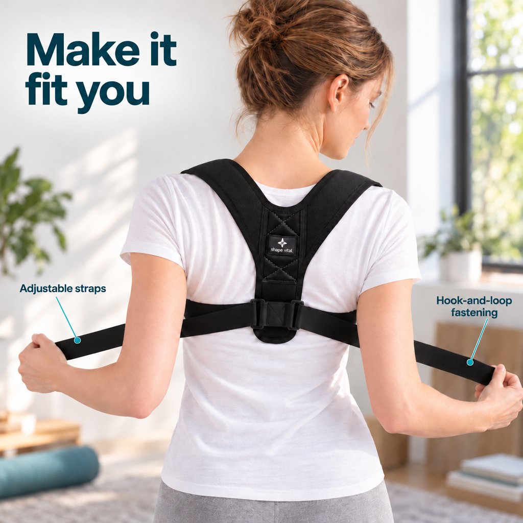 Woman wearing the Vital-Pro posture corrector, adjusting the straps on both sides, with callouts highlighting the adjustable straps and hook-and-loop fastening.