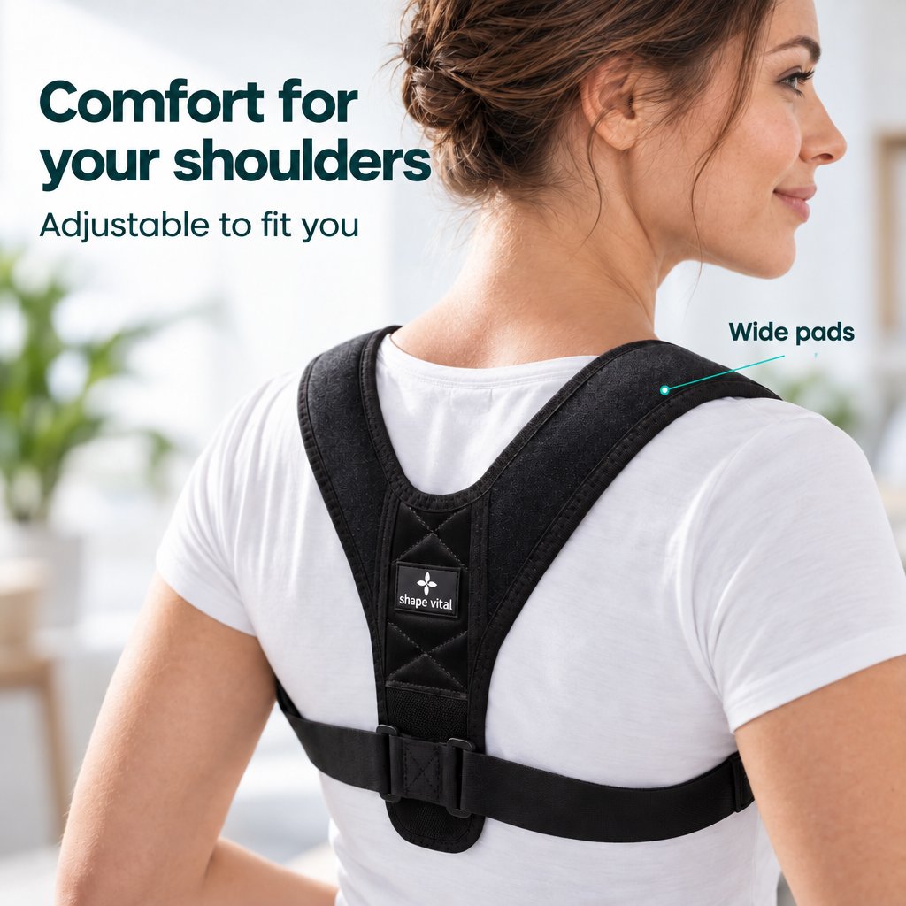 Close-up of a woman wearing the black Vital-Pro posture corrector, showing its wide shoulder pads and padded back panel.