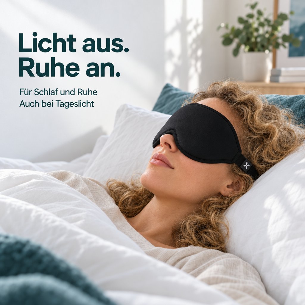 Frau mit lockigem Haar liegt auf einem Kissen und trägt eine schwarze Schlafmaske Deluxe vor den Augen.